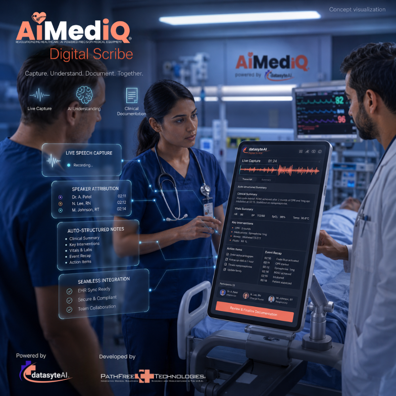 AiMediQ™ bedside clinical decision-support cart with team coordination and event timeline interfaces